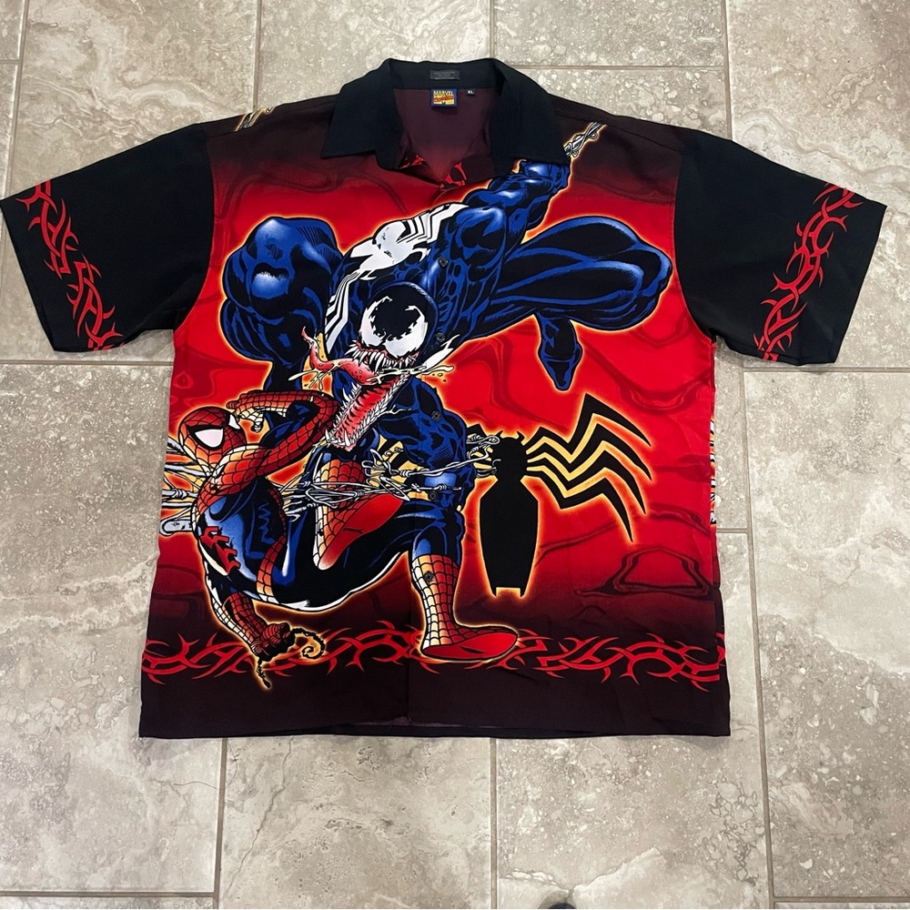 Rare Vintage Official Marvel 2001 Spider-Man Vs Venom Button up‎ Shirt Sz XL